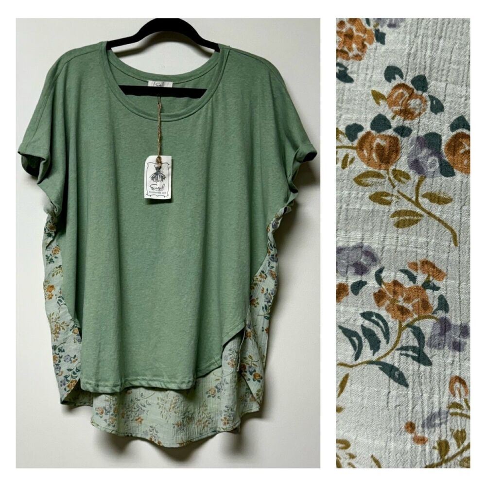 NWT EASEL Los Angeles Mixed Media Boho Floral Sage Green Tee, Sz L